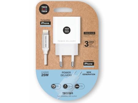 Cargador de Pared Tech One Tech TEC2265/ 1xUSB Tipo-C + Cable Lightning/ 3A/ Blanco