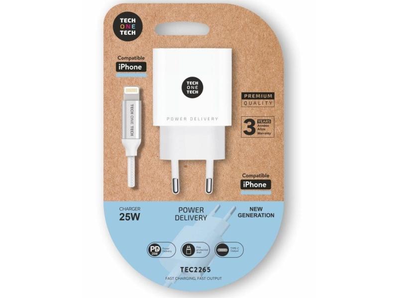 Cargador de Pared Tech One Tech TEC2265/ 1xUSB Tipo-C + Cable Lightning/ 3A/ Blanco