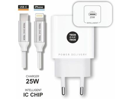 Cargador de Pared Tech One Tech TEC2265/ 1xUSB Tipo-C + Cable Lightning/ 3A/ Blanco