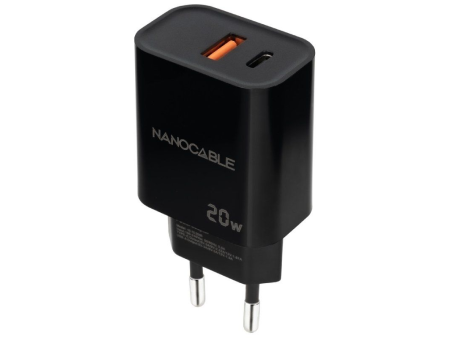 Cargador de Pared Nanocable 10.10.2008/ 1xUSB/ 1xUSB Tipo-C/ 20W/ Negro