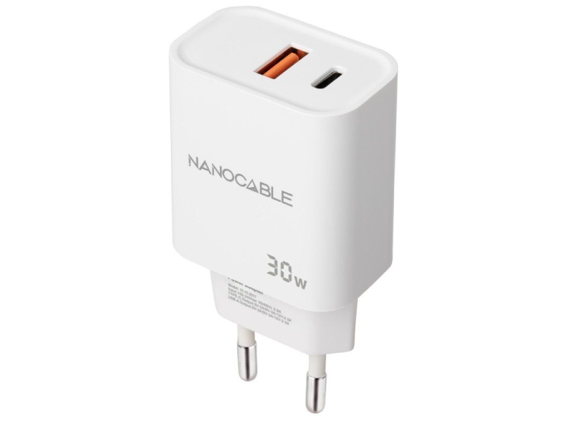 Cargador de Pared Nanocable 10.10.2011/ 1xUSB/ 1xUSB Tipo-C/ 30W/ Blanco