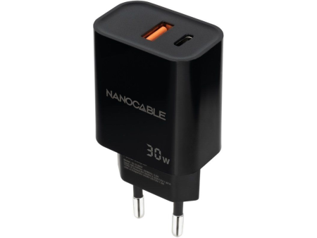 Cargador de Pared Nanocable 10.10.2012/ 1xUSB/ 1xUSB Tipo-C/ 30W/ Negro