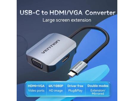 Conversor Vention TDIHB/ USB Tipo-C Macho/ VGA Hembra - HDMI Hembra/ 15cm/ Plata