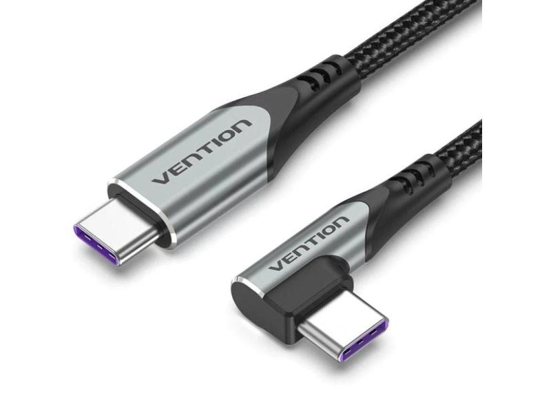 Cable USB 2.0 Tipo-C 90º Vention TAKHD/ USB Tipo-C Macho - USB Tipo-C Macho/ Hasta 100W/ 480Mbps/ 50cm/ Gris