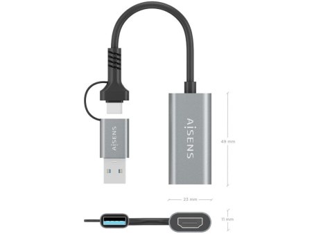 Conversor HDMI Aisens A109-0913/ USB + USB Tipo-C 3.1 Macho - HDMI Macho/ 15cm/ Gris