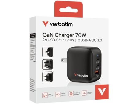 Cargador de Pared Universal Verbatim Mini GaN Wall Charger/ 2xUSB Tipo-C/ 1xUSB/ 70W