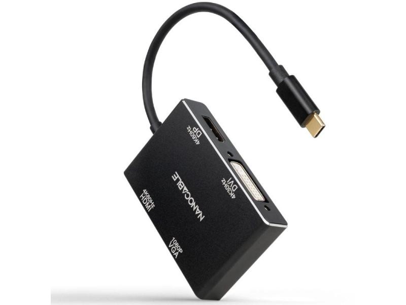 Conversor Nanocable 10.16.4307/ USB Tipo-C Macho - VGA Hembra/ DVI Hembra/ HDMI Hembra/ DisplayPort Hembra/ 10cm/ Negro