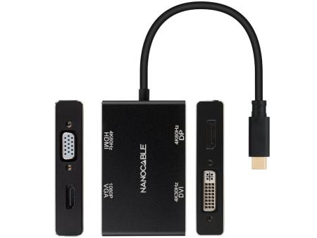 Conversor Nanocable 10.16.4307/ USB Tipo-C Macho - VGA Hembra/ DVI Hembra/ HDMI Hembra/ DisplayPort Hembra/ 10cm/ Negro