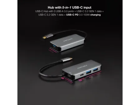Hub USB 3.2 Gen1 Nanocable 10.16.1005/ 3xUSB/ 1xUSB Tipo-C/ 1xUSB Tipo-C PD